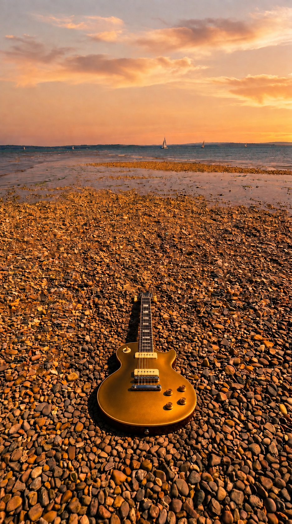A gold Les Paul guitar on a pebble beach at sunset